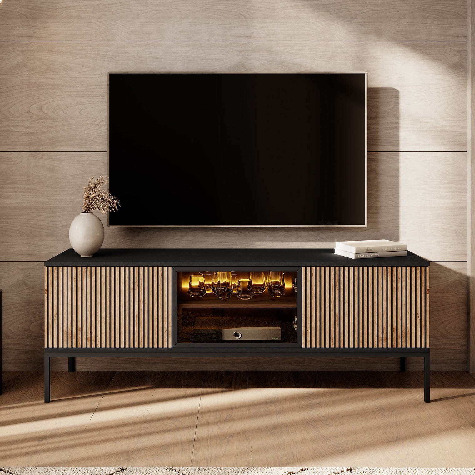 Legend - TV-Meubel met 3 deuren - Mat zwart/eiken - 154 cm