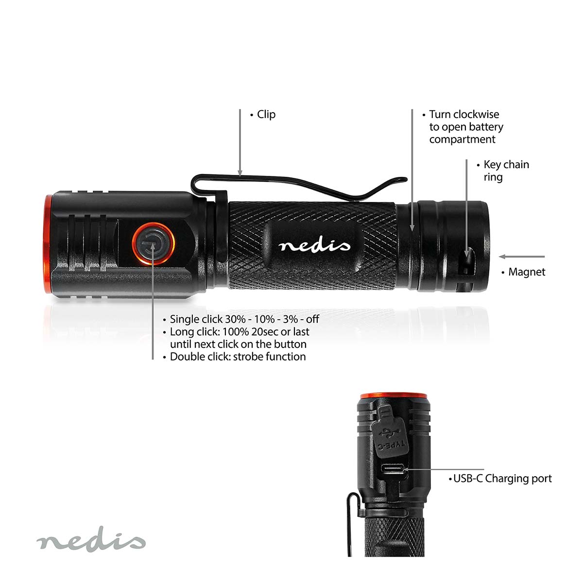 Nedis LTRR20WBK LED-Zaklamp - Zwart