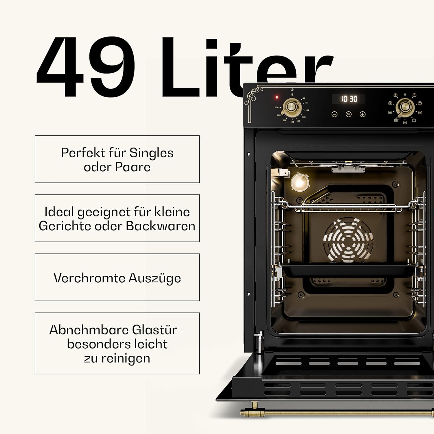 Klarstein Elizabeth Slim Einbaubackofen - 45 cm, 49 L, 9 Funktionen, Dampfreinigung, Digitaler Timer, Schwarzes Glas, Energieklasse A, Backofen Einbaugerät