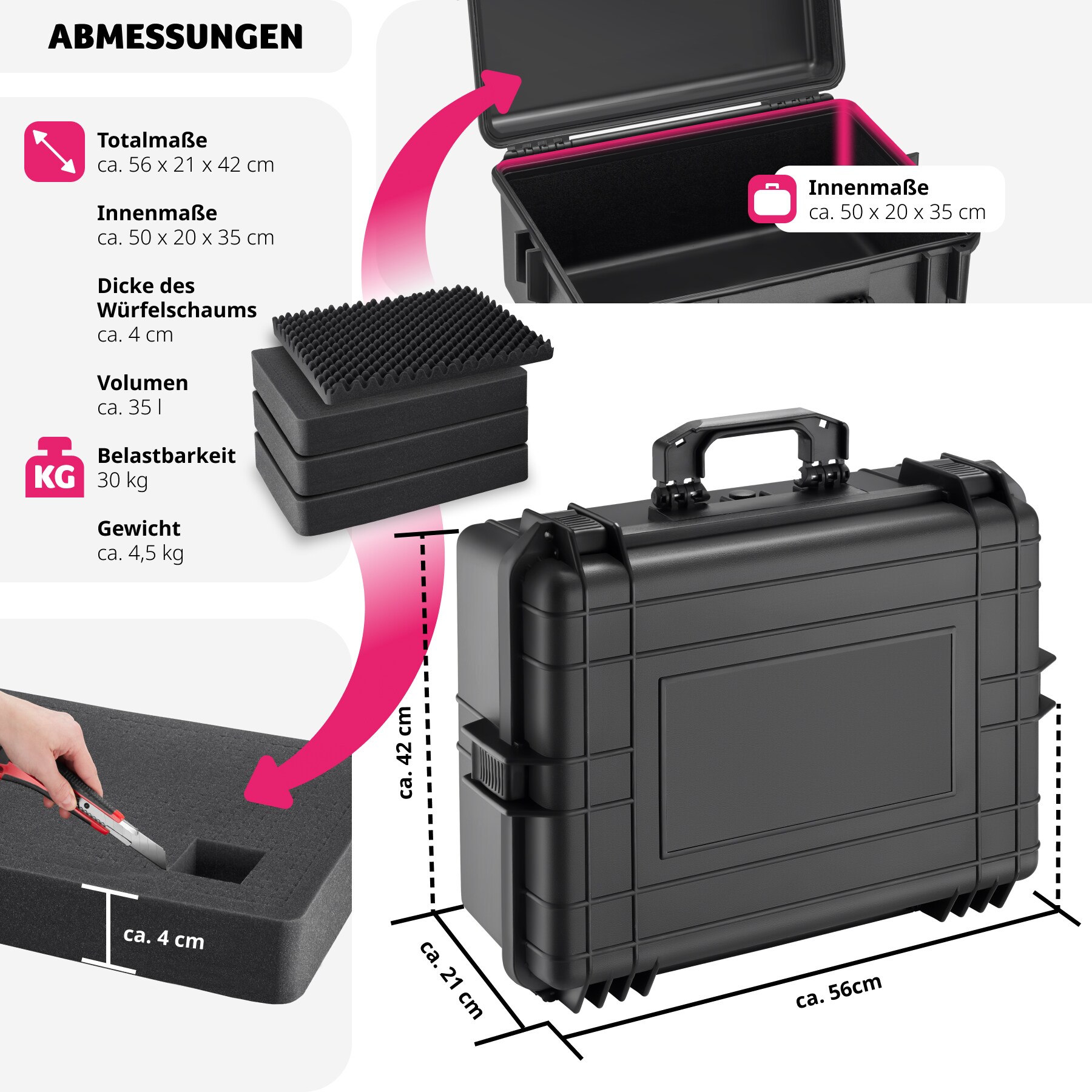 tectake® Fotokoffer, aus robuster Hartschale mit 4 dicken Schaumstoffeinlagen, wasserdicht und temperaturbeständig, 56 x 42 x 21 cm