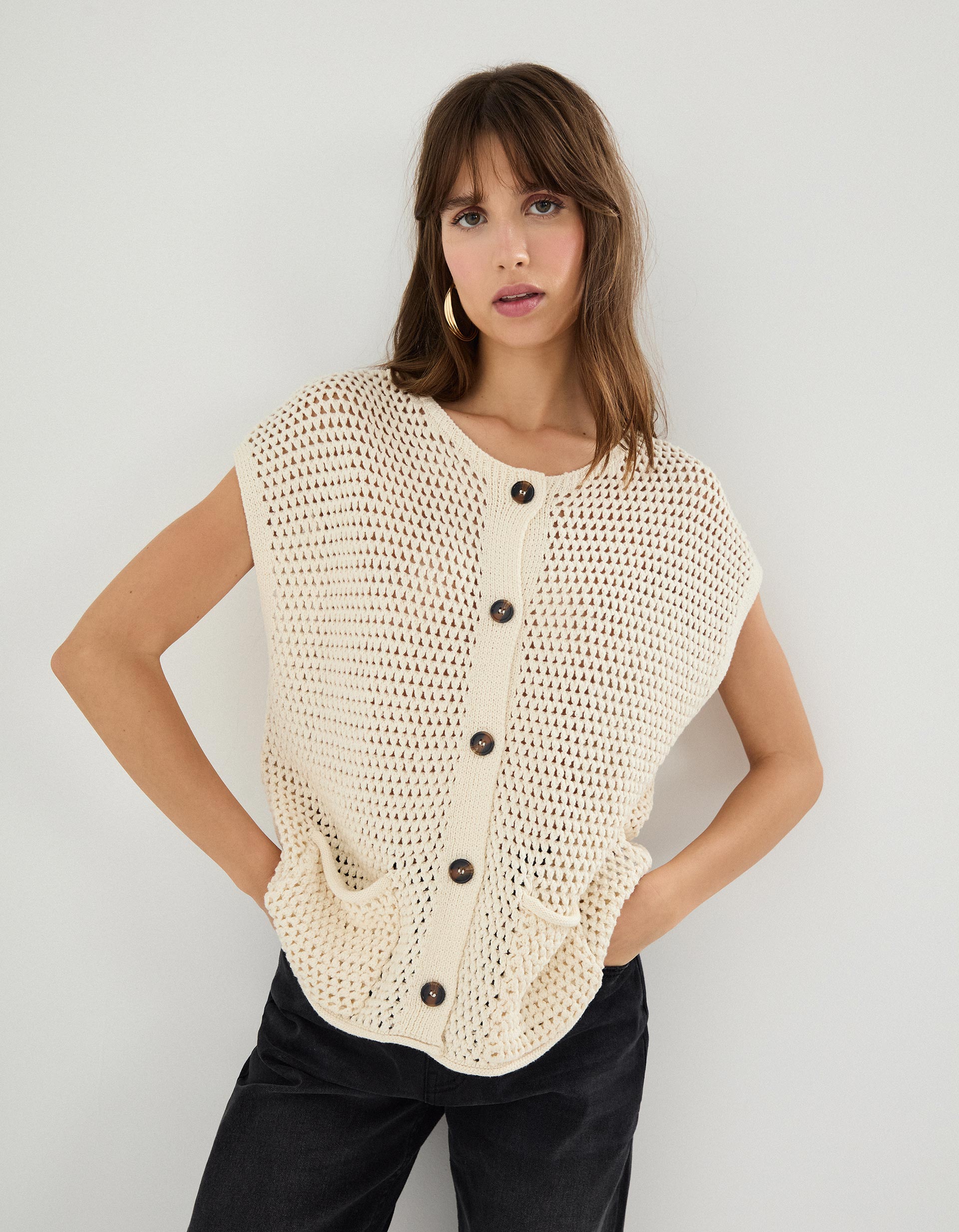 Colete de Crochet, Mulher, Bege Claro