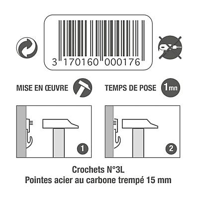 Lot de 3 crochets béton n° 3L - pointes 15mm.