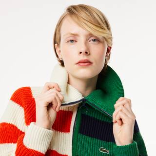Pull col zippé à rayures contrastées en laine Pullovers - Blanc - Lacoste - Femme