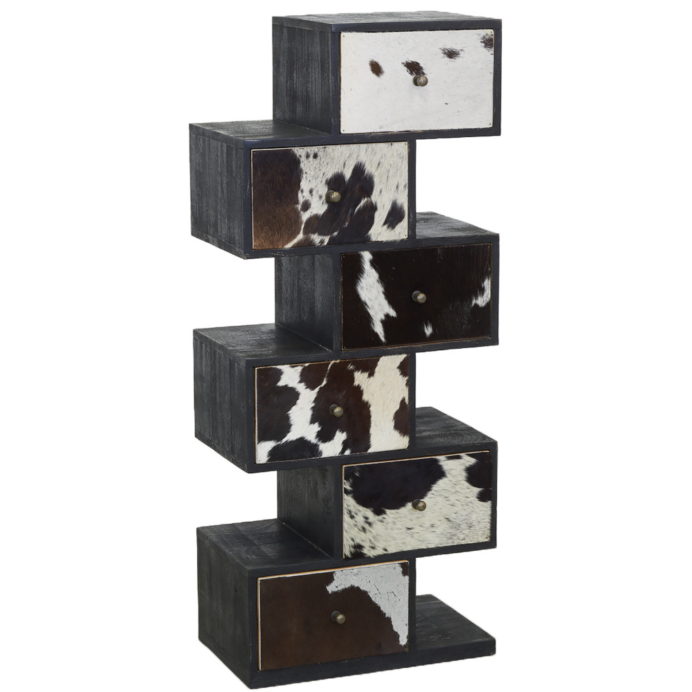Commode zigzag en manguier et peau de vache noire et blanche