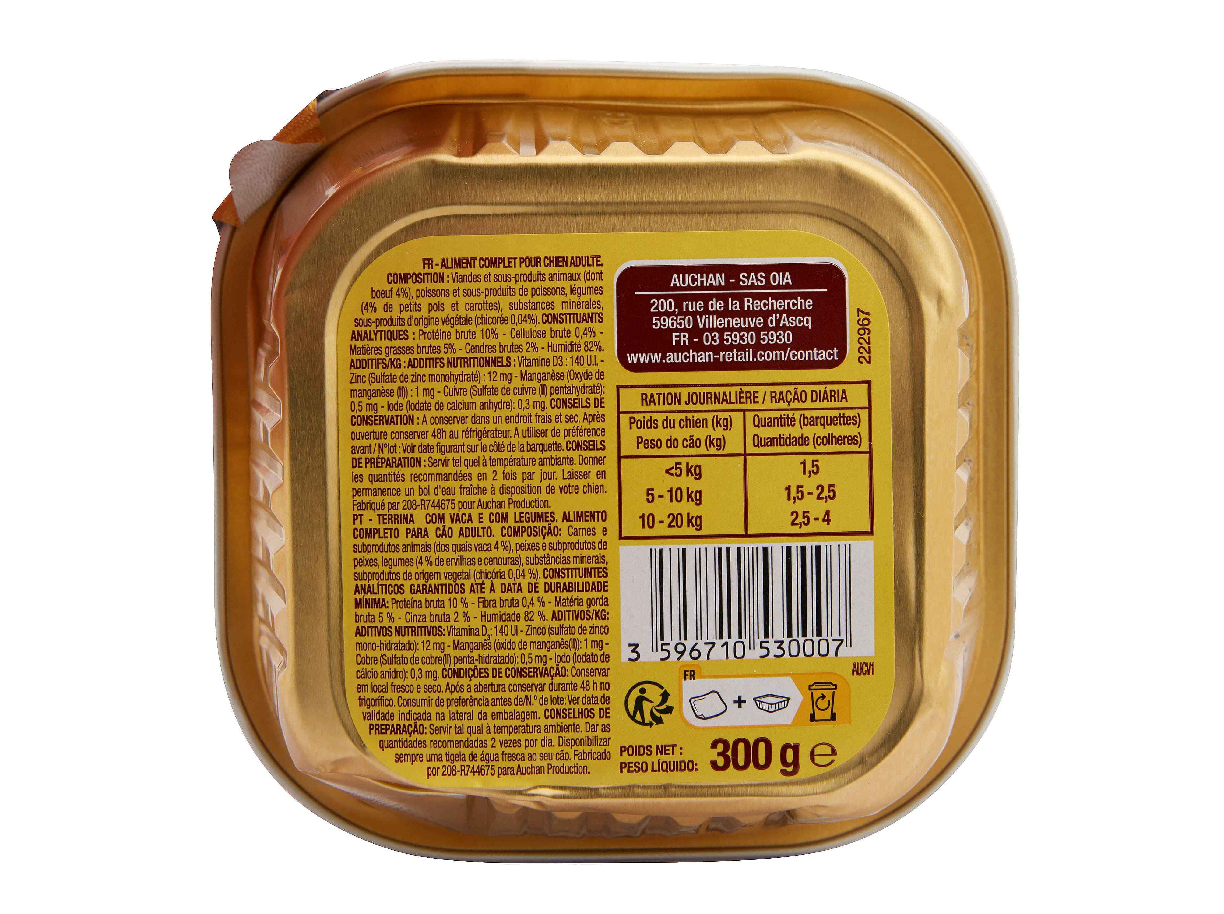 COMIDA HÚMIDA PARA CÃO AUCHAN TERRINA COM VACA ET COM LEGUMES 300G