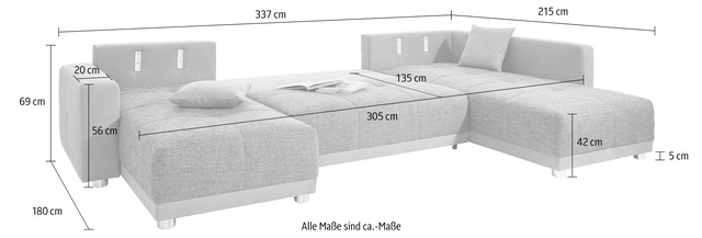 Jockenhöfer Gruppe Wohnlandschaft »Orlando U-Form, B: 337 cm« mit Bettfunktion, Bettkasten, 2 Kopfstützen & 2 Zierkissen, Federkern