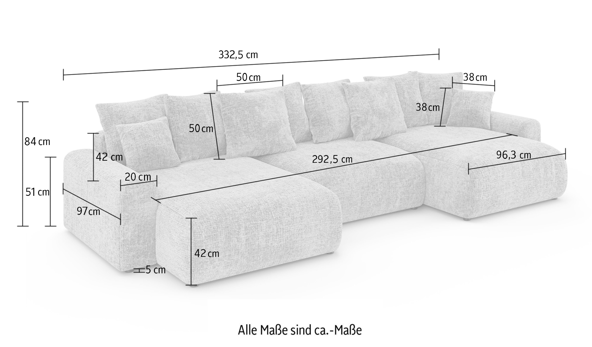 Home affaire Wohnlandschaft »LAKESIDE mit Bettfunktion und Bettkasten, Masse B/T/H: 332,5/142/84 cm« U‑Form mit vielen Kissen und Wellenunterfederung
