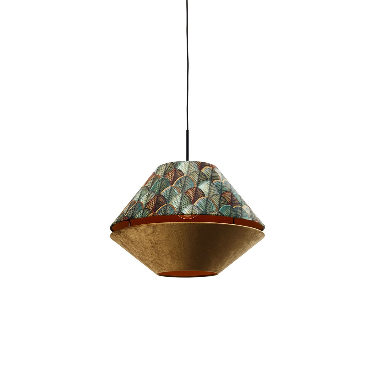 Hanglamp zwart met dubbele velours lampenkap blad dessin en beige - Combi 1