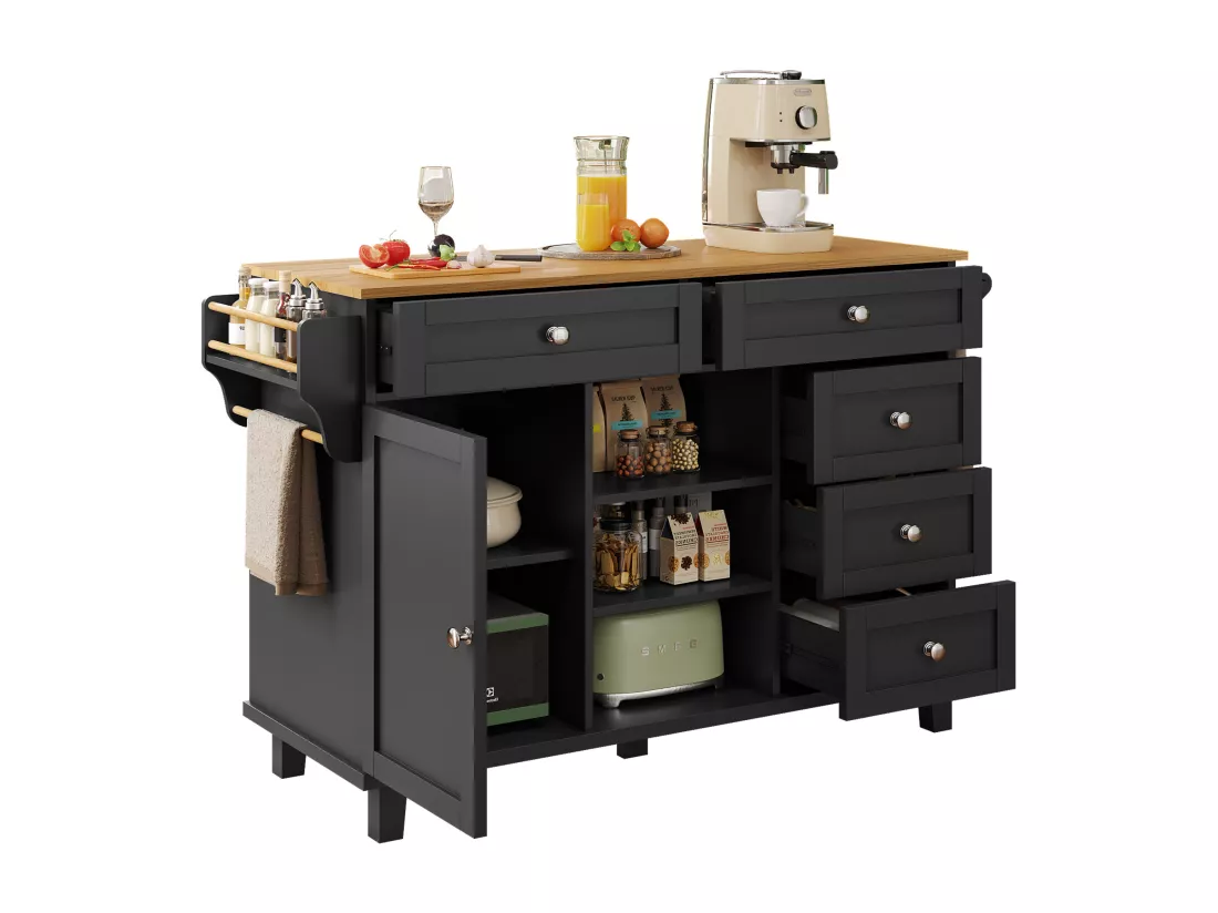 Ilot central de cuisine fixe avec une porte, 5 tiroirs et 3 compartiments ouverts - 134 x 46 x 92 cm - Bois MDF - Noir
