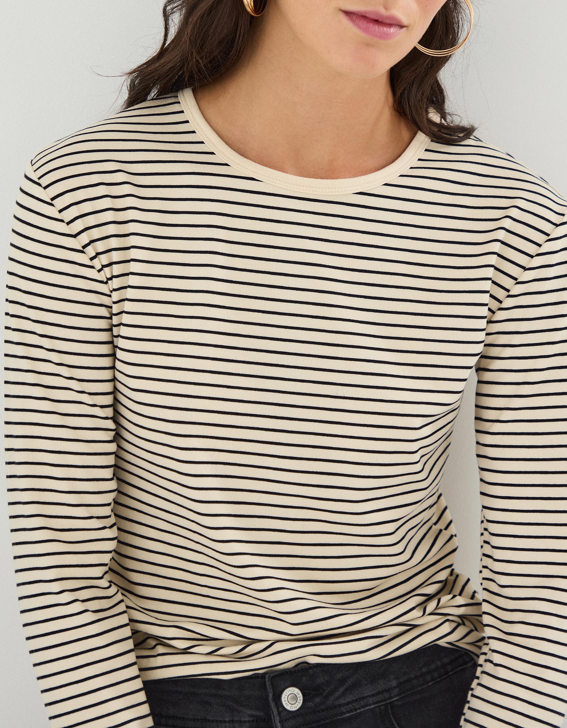 T-shirt de Manga Comprida Riscas, Mulher, Bege Claro