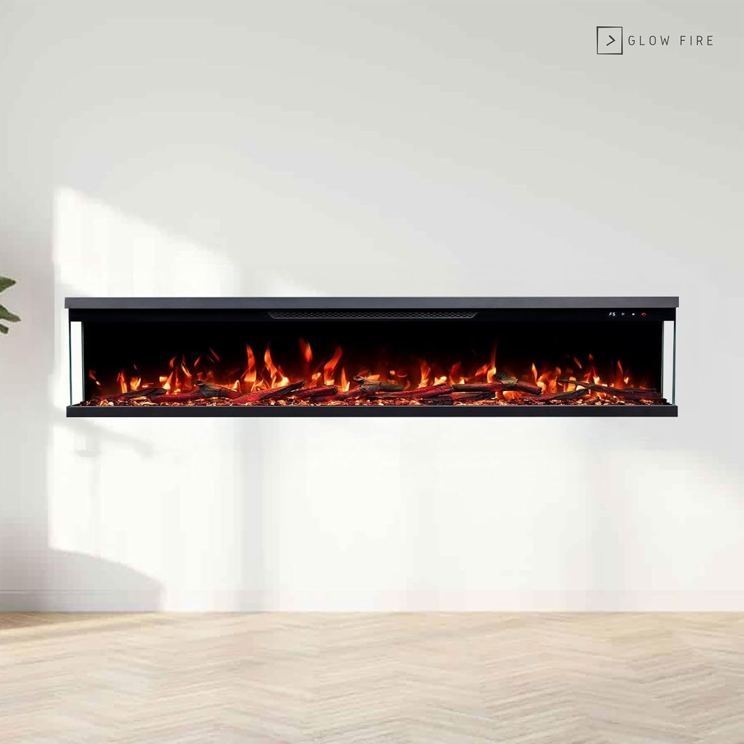 GLOW FIRE Elektrokamin Insert 182 mit realistischem 3D LED-Feuer - Wand-Elektrokamin mit Heizung und Kaminfeuer, App Steuerung, Knistereffekt & Timer, max. 1800 W, 183x35x19cm