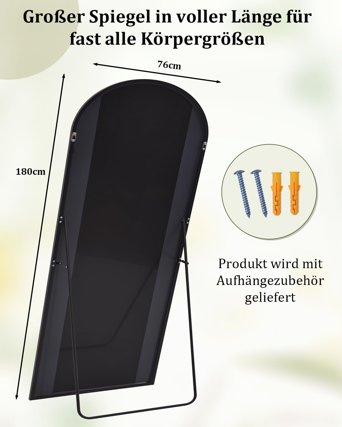 BEAUTYPEAK Bogen Ganzkörperspiegel,180x76 cm Gewölbter Standspiegel Groß in voller Länge, an der Wand montiert, lehnend, Bodenspiegel Ganzkörper als Ankleide Eitelkeitsspiegel für Wohnzimmer, Schwarz