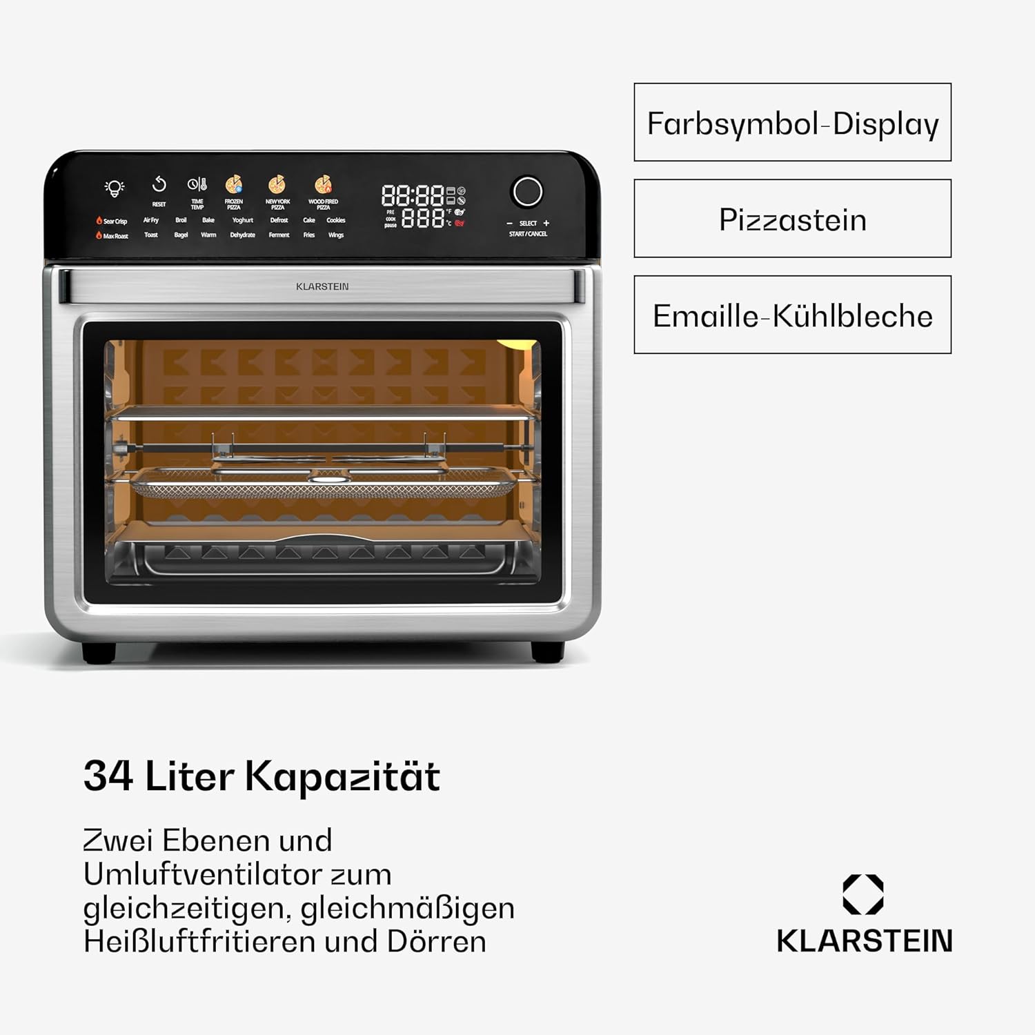 Klarstein AirGlaze Digital Colour Heißluftfritteuse – 34 L, 2200 W, 19 Programme, Drehspieß, Touch Display, 40-350 °C, Pizzastein & Grillroste, Edelstahl, Doppelt Verglaste Tür, Schwarz