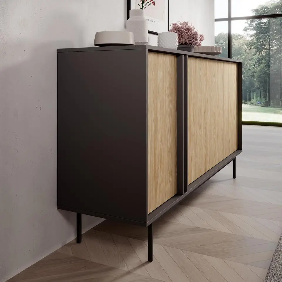 Meubella - Antigo - Dressoir - Eiken/Antraciet - 163x43x87 cm