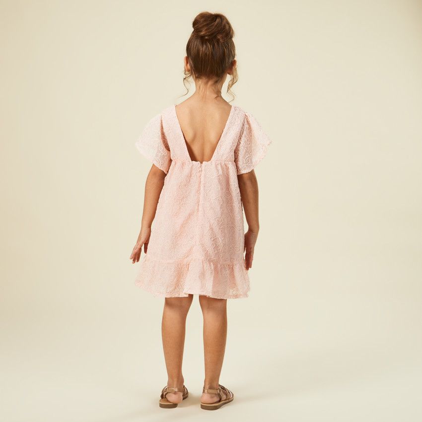 Robe manches courtes en crêpe et tulle avec motif floral en cording pour fille - Rose