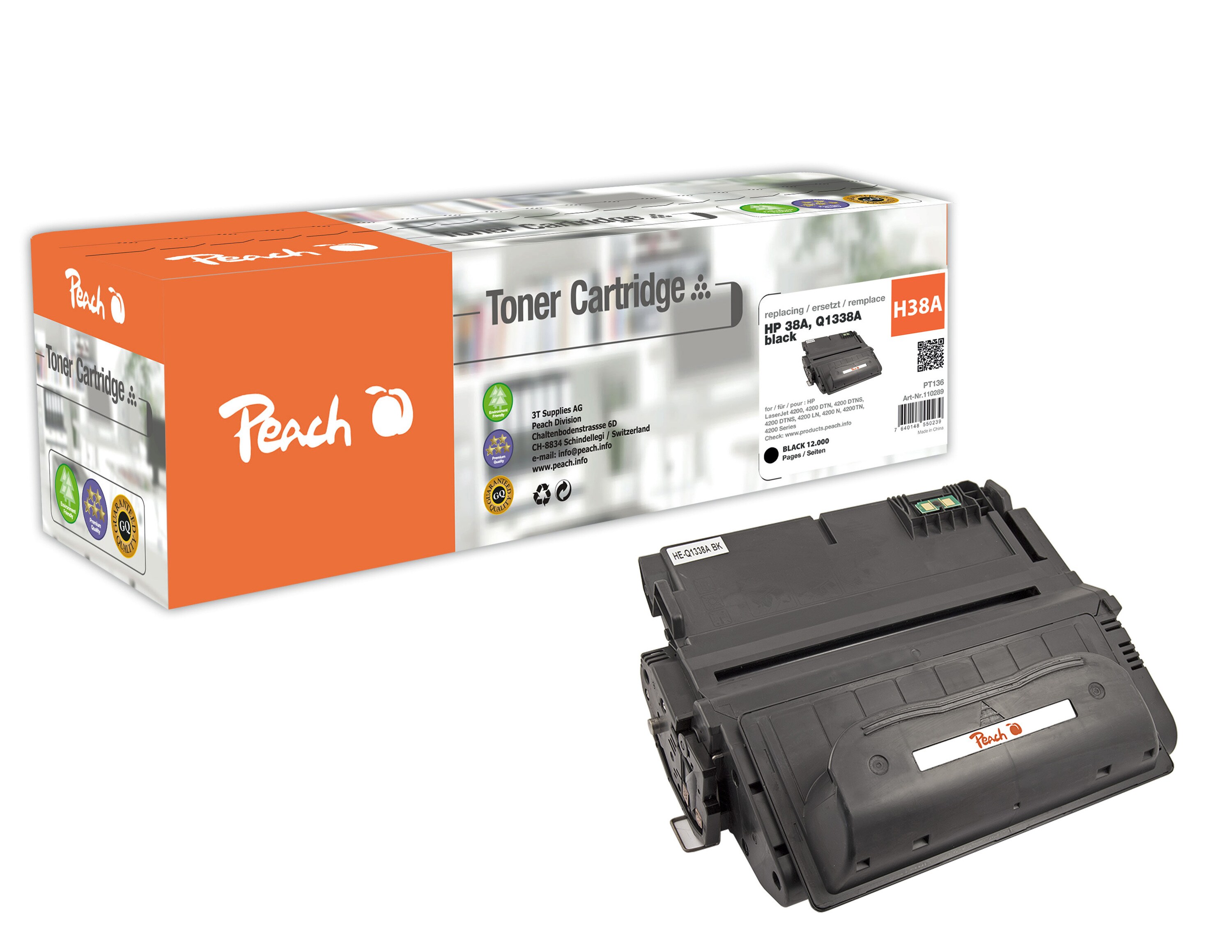 Peach HP 38 ABK Toner bk ersetzt HP No. 38A BK, Q1338A für z.B. HP LaserJet 4200, HP LaserJet 4200 DTN, HP LaserJet 4200 DTNS, HP LaserJet 4200 LN (wiederaufbereitet)