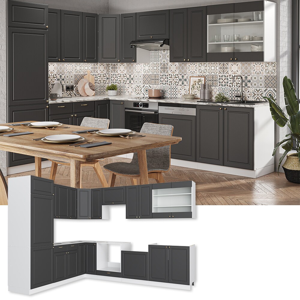 Vicco Eckküche Küchenzeile Einbauküche Fame-Line Landhaus Weiß Anthrazit Gold227x287 cm Spülenunterschrank Schubunterschrank Eckunterschrank Herdumbauschrank Hängeschrank Kühlumbauschrank