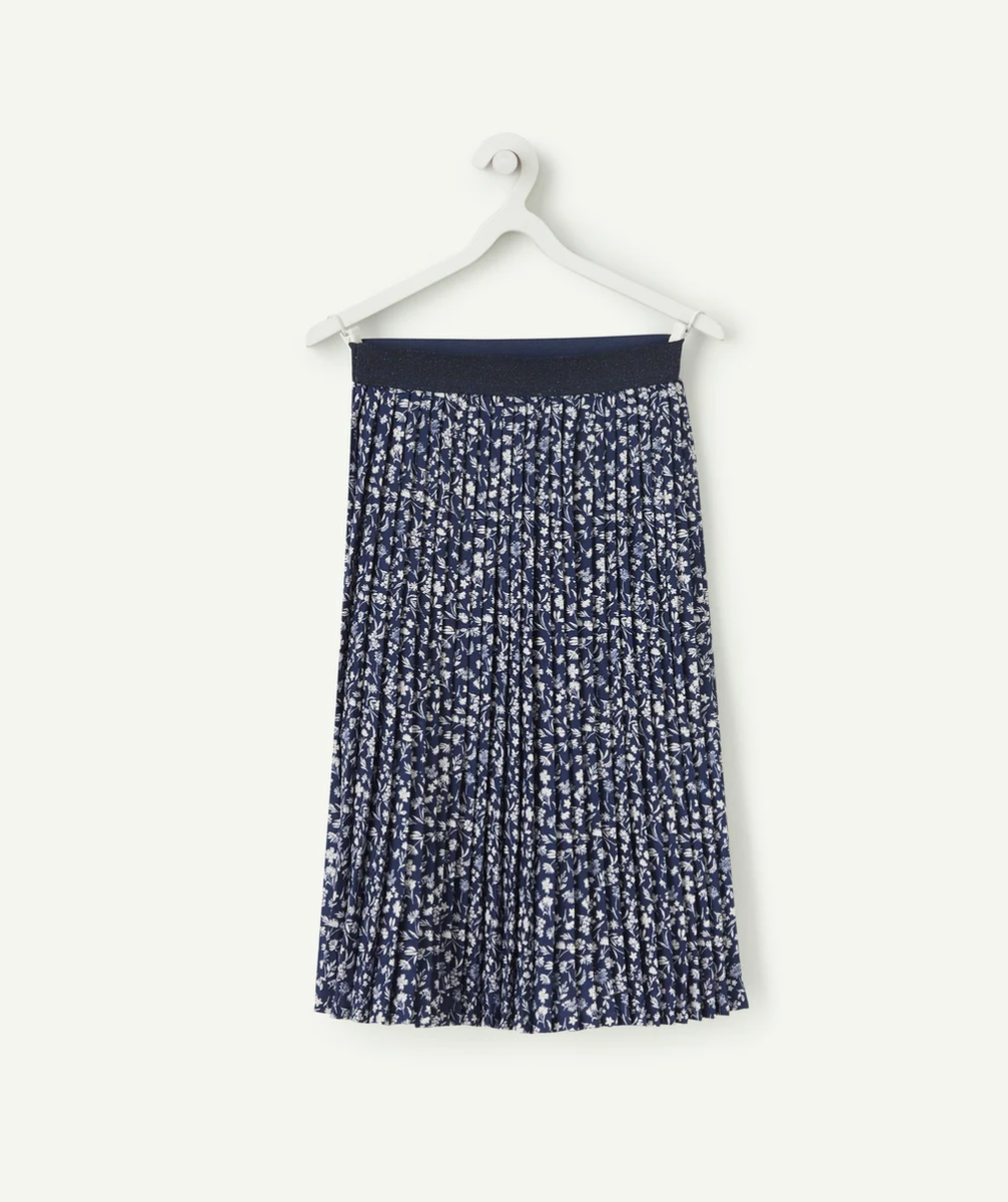 JUPE PLISSÉE MI-LONGUE FILLE EN FIBRES RECYCLÉES MARINE IMPRIMÉ FLEURI