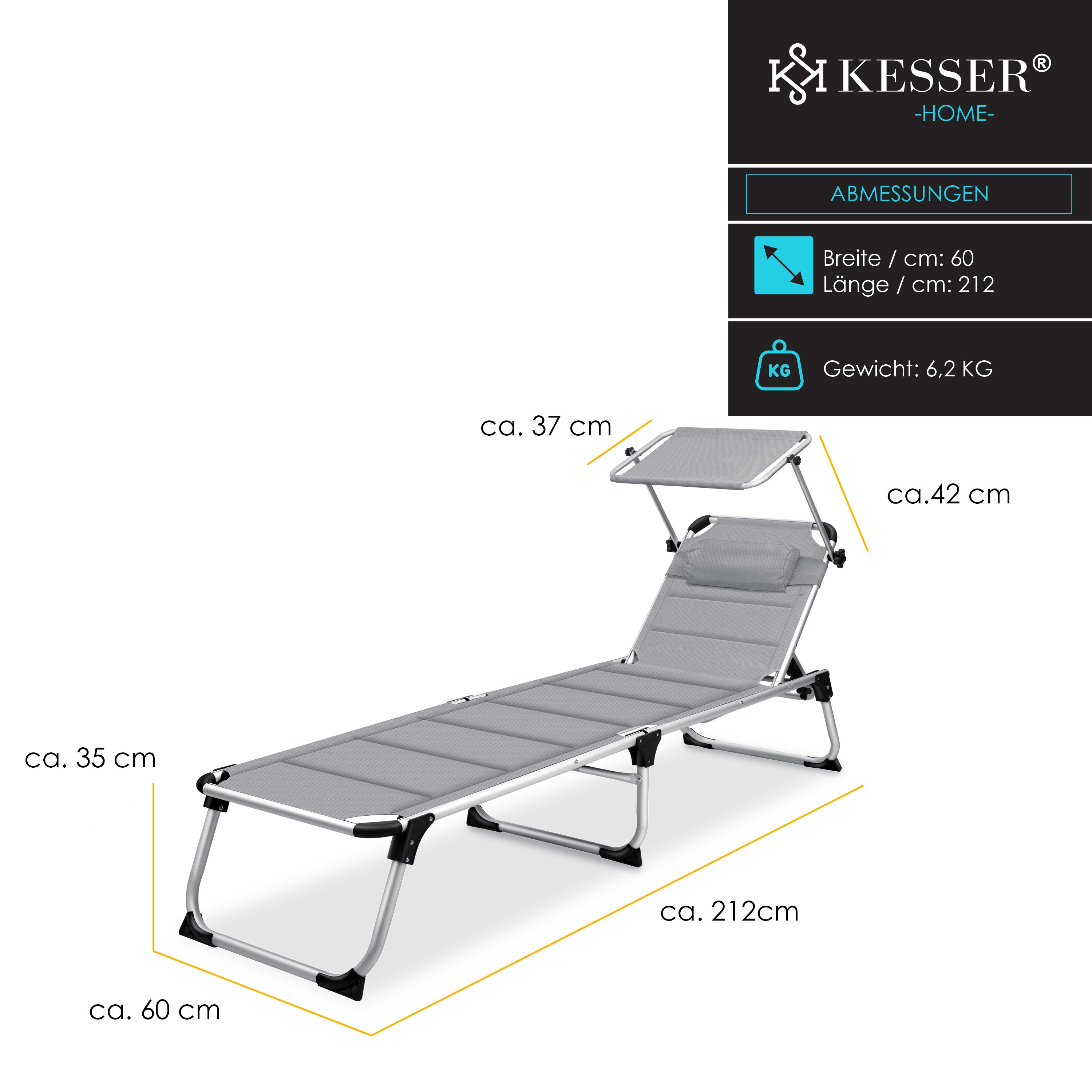 KESSER® Sonnenliege SUN mit Dach Gartenliege Liegestuhl klappbar Sonnendach Verstellbarer Rückenlehne , ergonomisch, gepolsterter Liegefläche, Aluminium Liege Gartenstuhl tragbar Strandliege