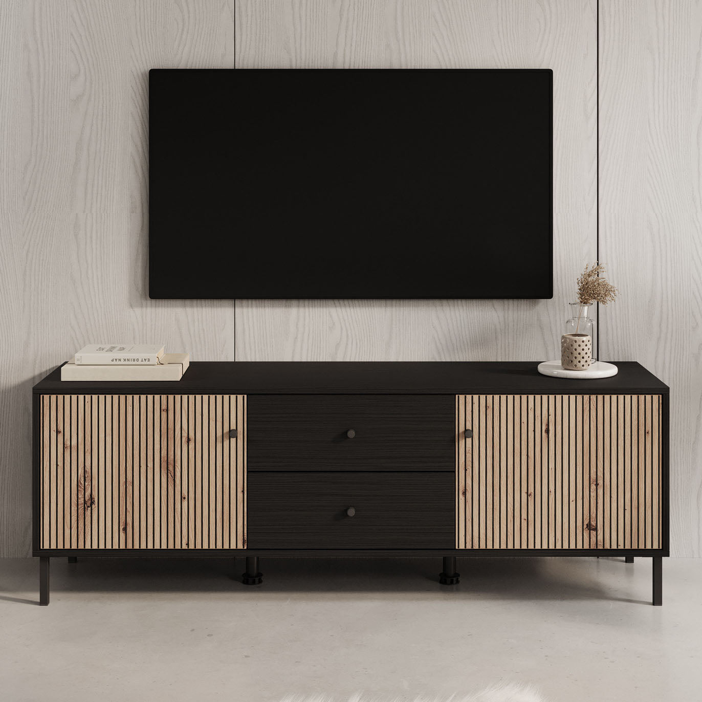Meubella - TV-Meubel Charles - Zwart eiken - 157 cm