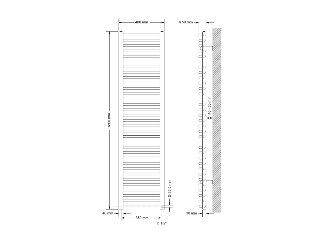 Radiateur sèche-serviette forme courbé noir mat connexion latérale 40x180 cm