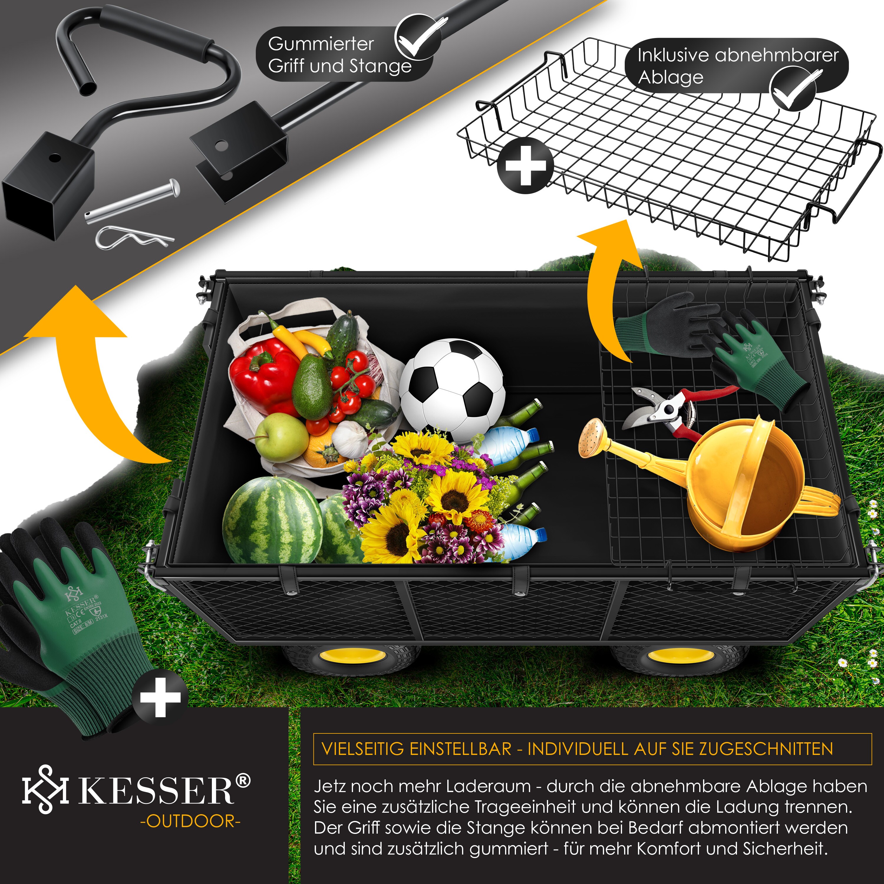 KESSER® Bollerwagen 550kg belastbar Gartenwagen Transportwagen Gartenkarre herausnehmbare Plane Gerätewagen Handwagen vielseitig einsetzbar inkl. Handschuhe