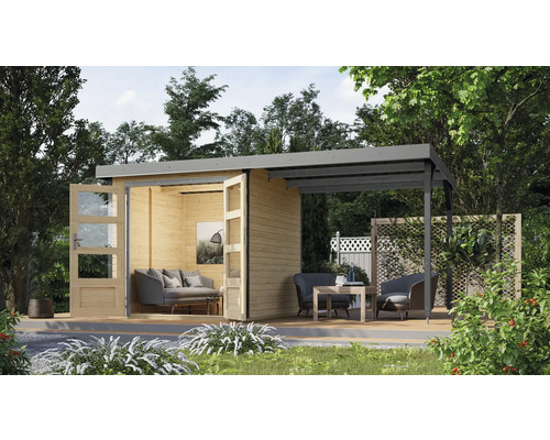 Karibu Metalwood tuinhuis, plaatstaal, stofgrijs, inclusief vast dak, 453 x 237 cm, natuurlijke afwerking