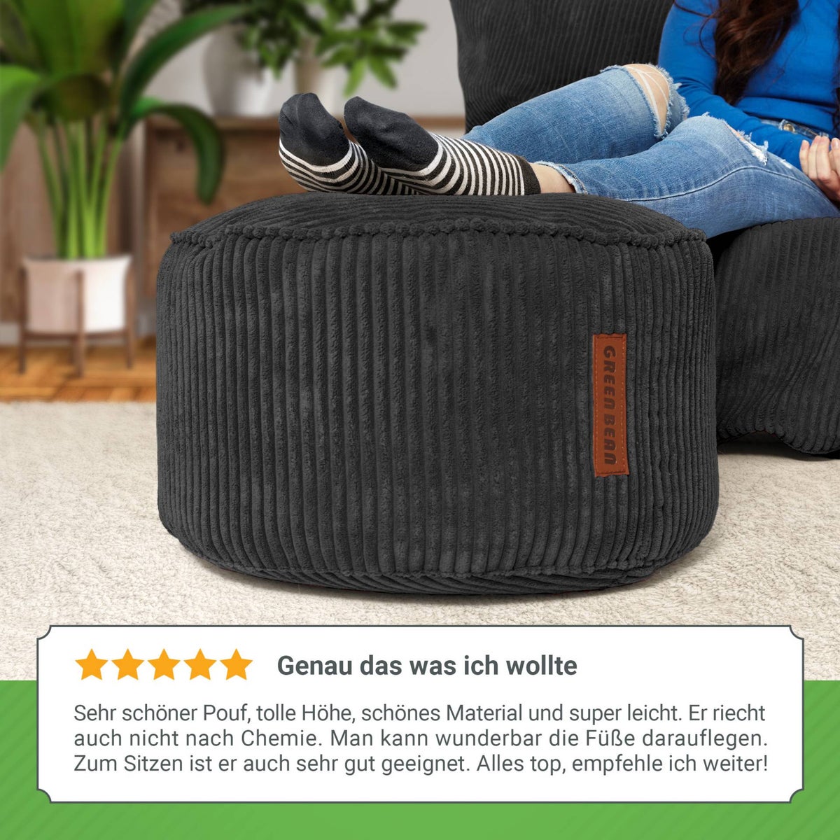 Groene bonen poef kussen 45x25cm met EPS kralen vulling & corduroy stof vloerkussen ligstoel kussen zitkussen poef fauteuil kinderen volwassenen stoffen kruk opbergruimte zwart