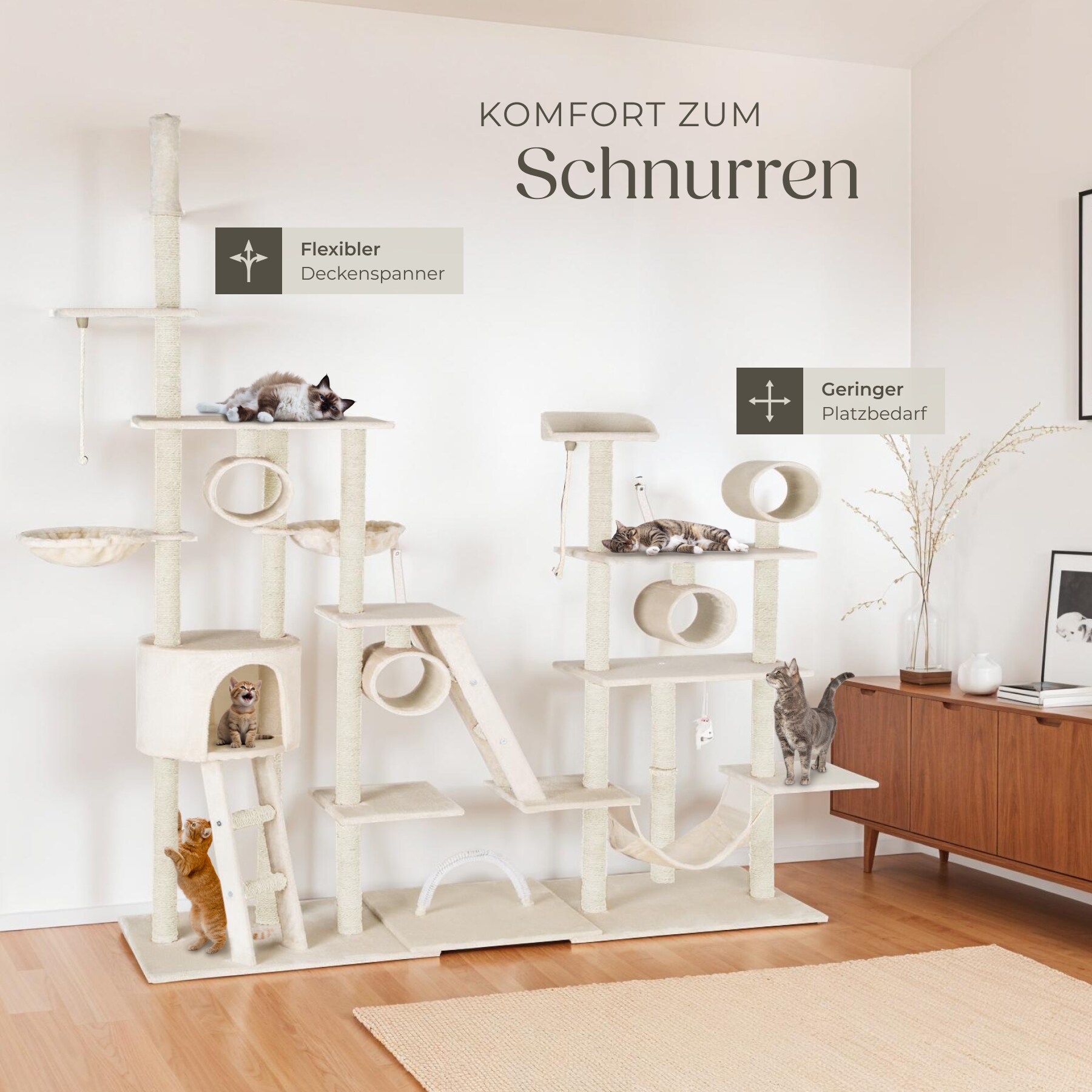 tectake® Kratzbaum, 234 bis 261 cm, mit Katzenhaus, inklusive 2 Treppen, 2 Spielkordeln, Kratzbogen, Deckenspanner und Kippschutz
