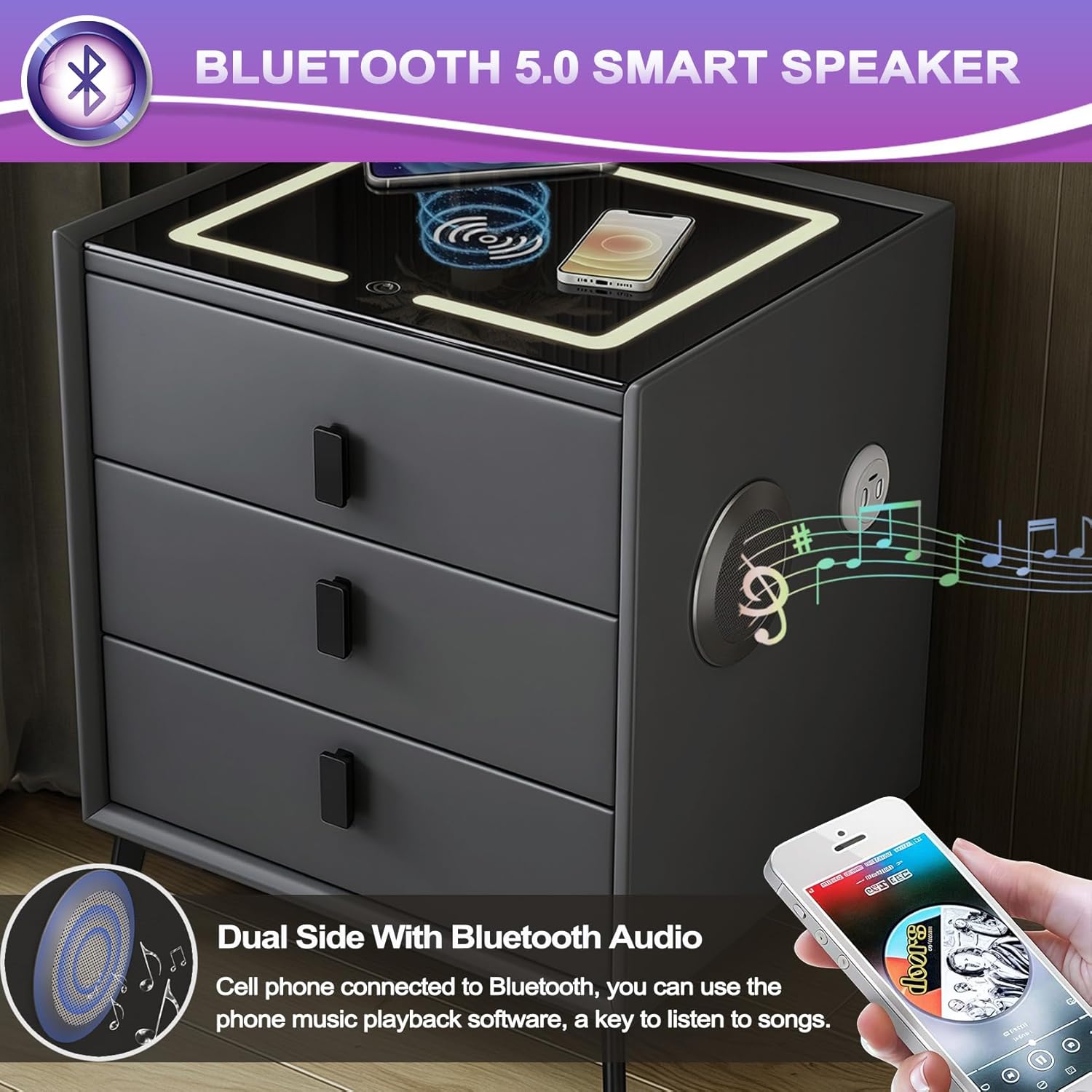 Nachttisch, Nachttische mit Bluetooth-Lautsprecher & Kabelloser Ladefunktion, Nachtschrank mit LED 3-Farben-Licht, Dimmbar, Nachtkommode mit Steckdose, 3 Schubladen,2 USB,Type-C,Nachttischschrank