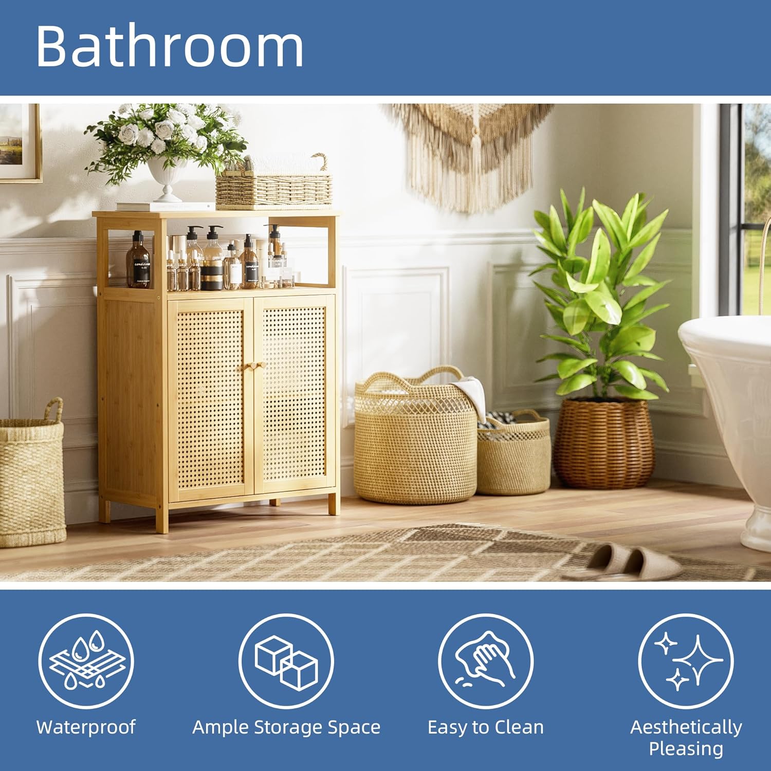 HITNET Rattan Badezimmerschrank, Bambus Badschrank mit Doppeltür, Freistehender Bodenaufbewahrungsschrank Seitenorganizer für Bad, Küche, Wohnzimmer, Natur