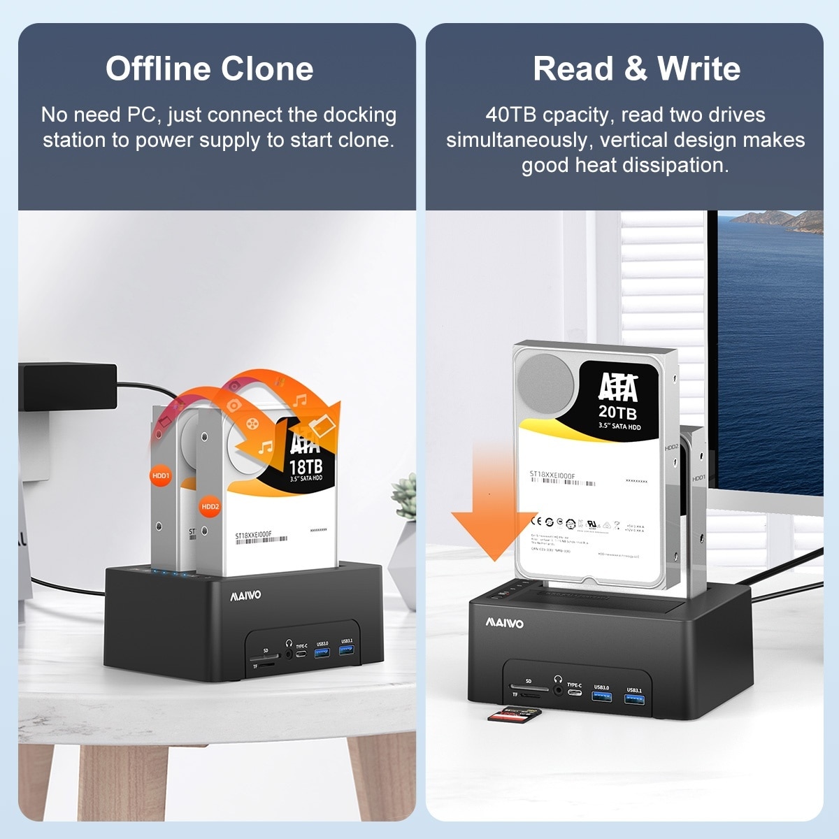 Maiwo HDD Dobbel dockingstasjon med klone 10 Gbps HDMI 4K60Hz Giga Lan kortleser SD og MicroSD USB HUB 2xUSB-A og 2xUSB-C