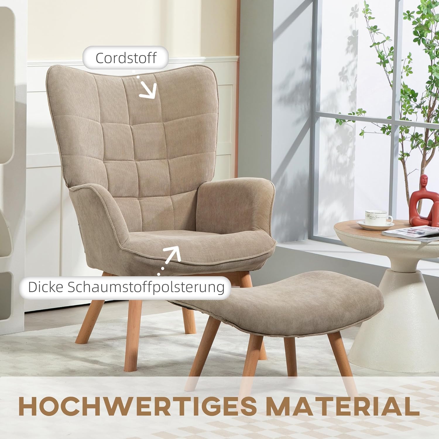 HOMCOM Ohrensessel mit Hocker Sessel Loungesessel mit Cord-Optik, Modern Relaxsessel, Armlehnensessel Lesesessel für Wohnzimmer, Schlafzimmer, Hellbraun