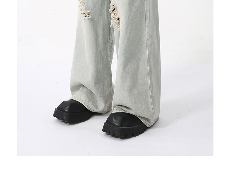 FAERIS - Gewassen denim overhemd met korte mouwen en kraag / Jeans met wijde pijpen en middelhoge taille