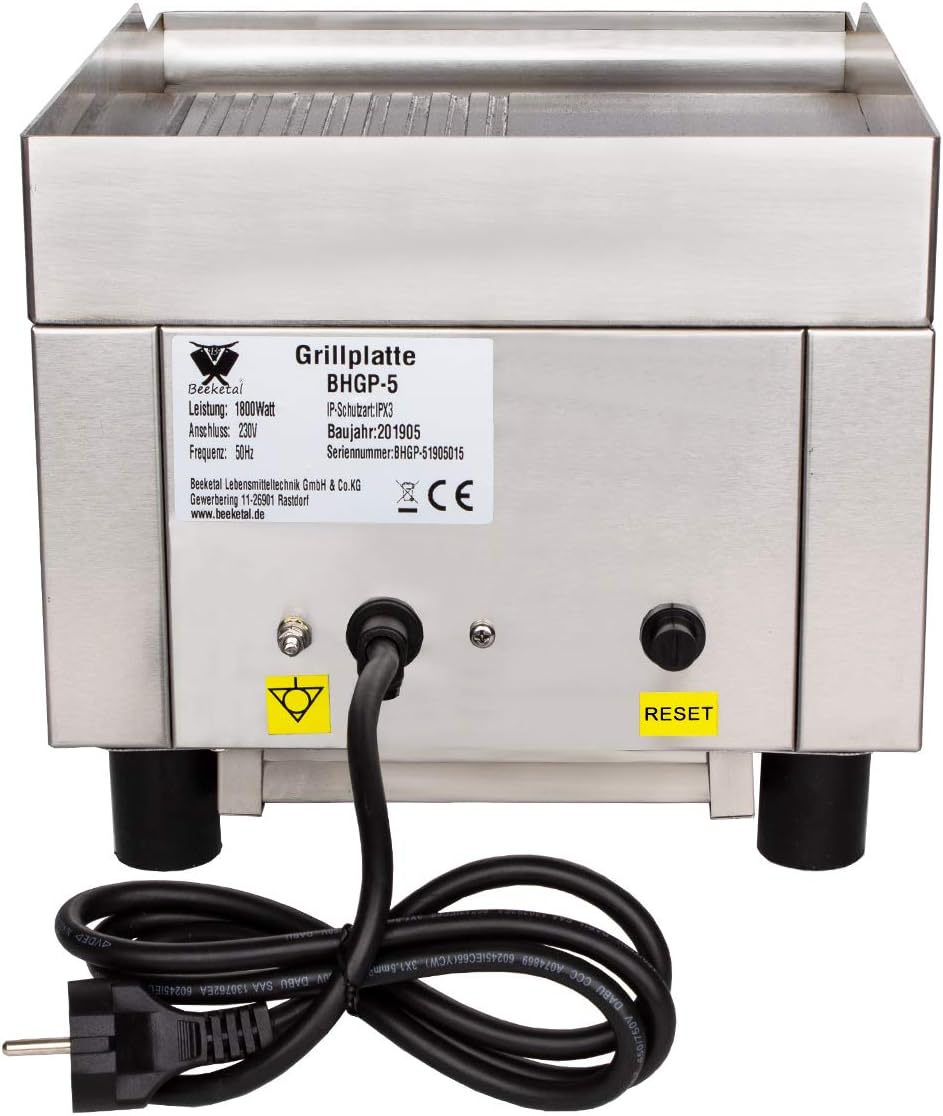 Beeketal 'BHGP-5' Profi Gastro Gusseisen Grillplatte elektrisch mit ca. 270 x 320 mm Grillfläche (glatt & gerillt), stufenlos 50-300 °C (1800W), Elektrogrill mit Spritzschutz und Fett Behälter