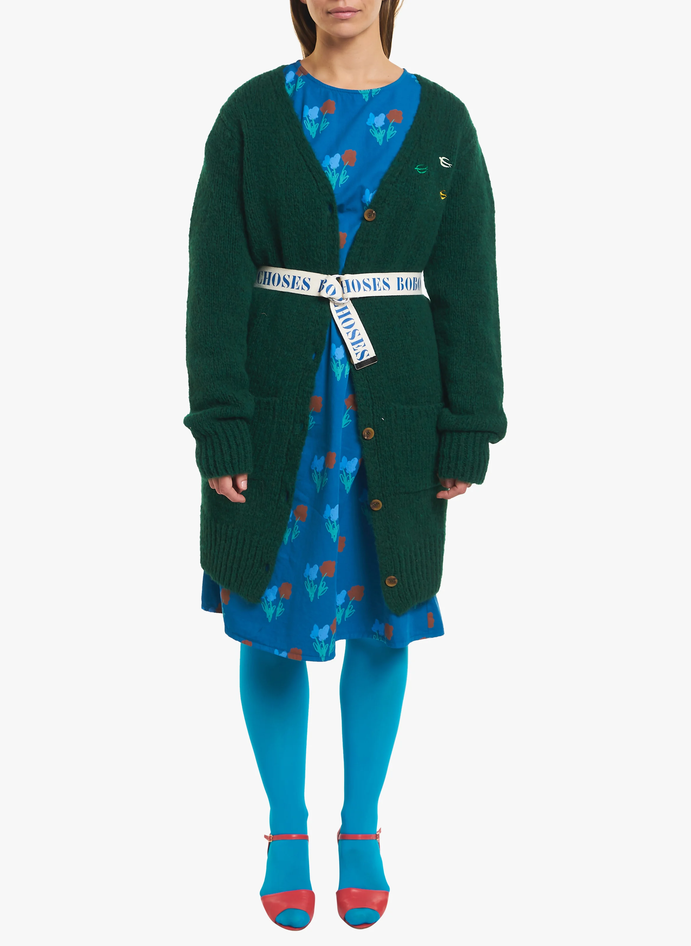 Long cardigan col V en maille texturée| Vert