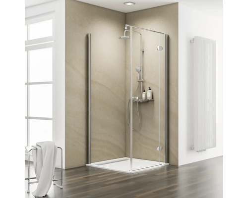 Douchedeur met zijpaneel en draaideur SCHULTE MasterClass ExpressPlus 90 x 90 cm, chroomprofiel, helder glas, vuilafstotende glascoating, deur rechtsdraaiend, zijpaneel linksdraaiend