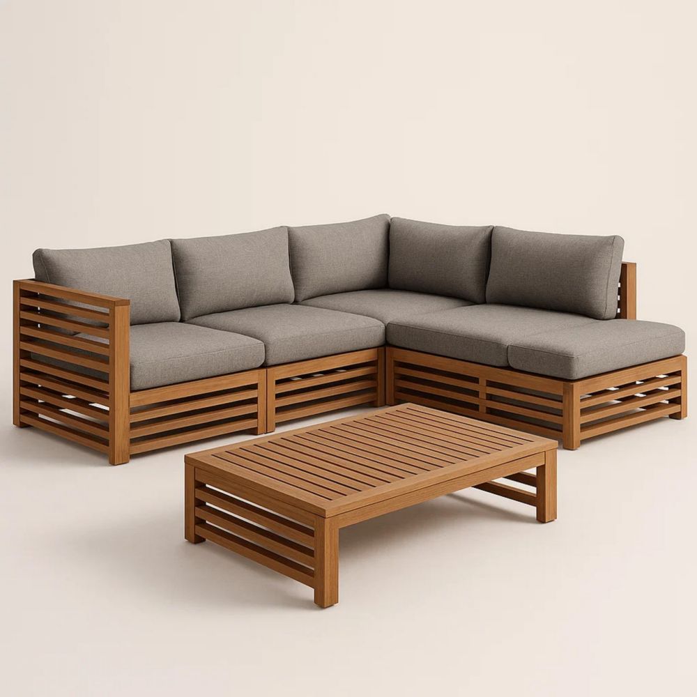 Garten Lounge Set aus Akazienholz mit grauen Kissen, Ecksofa und Tisch