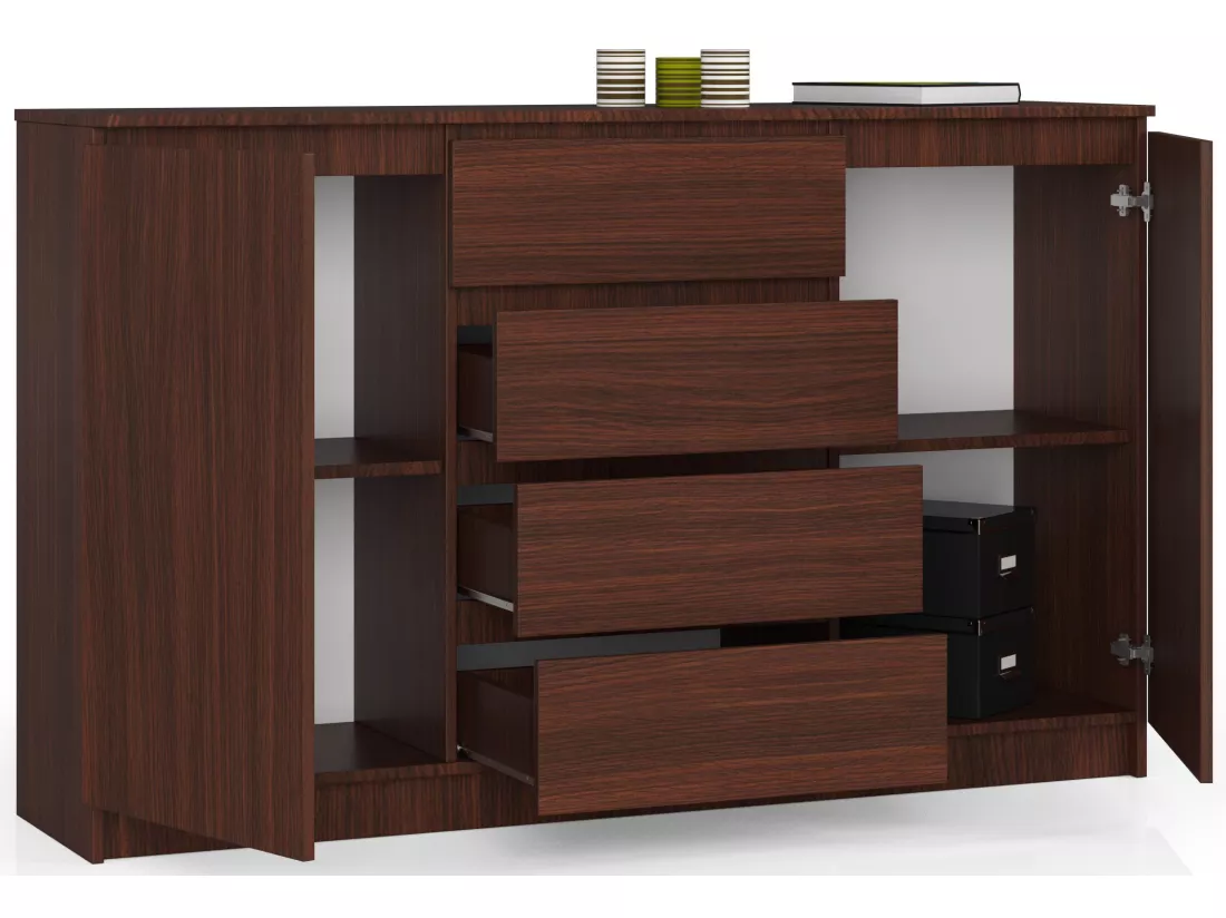 Grande Commode pour le salon AKORD K160 Wengé 160 cm 2 portes 4 tiroirs façade Wengé 4 étagères 160x40x99 cm