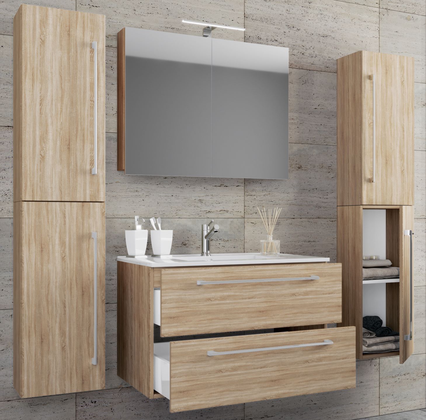 5-teiliges Badmöbel-Set BADINOS 2 - Sonoma Eiche - mit Spiegelschrank