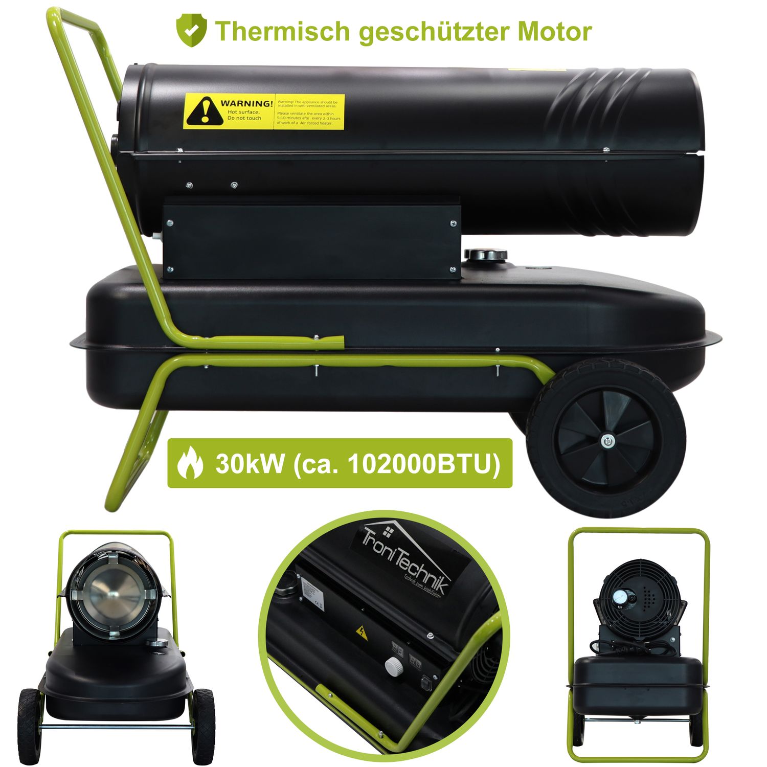 TroniTechnik® Heizkanone Dieselheizgebläse Dieselheizer 30kW Diesel Heißluftgenerator 230V, Heizleistung 30 kW, 36l Tank