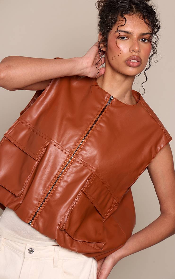 Caramel Gilet Sans Manches En Synthétique Avec Détails De Poches