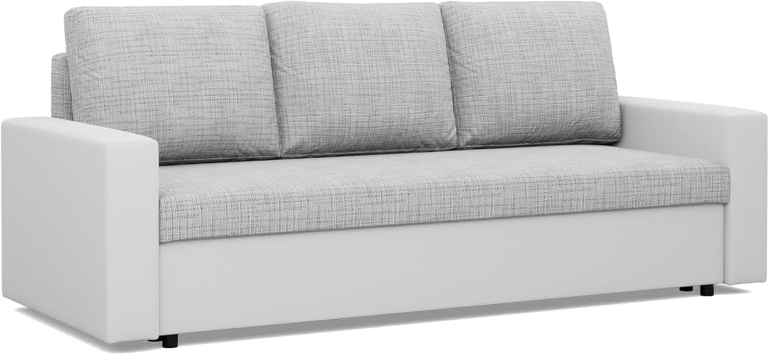 Mebligo - Sofa Dreisitzer Wohnzimmer mit Schlaffunktion, Bettkasten und Kunsteleder 220x92x92 (BxHxT) Grau und Weiß Luna, Schlafsofa Platzsparend, Schlafcouch, Sofabett, Sofa Bed, Bettsofa