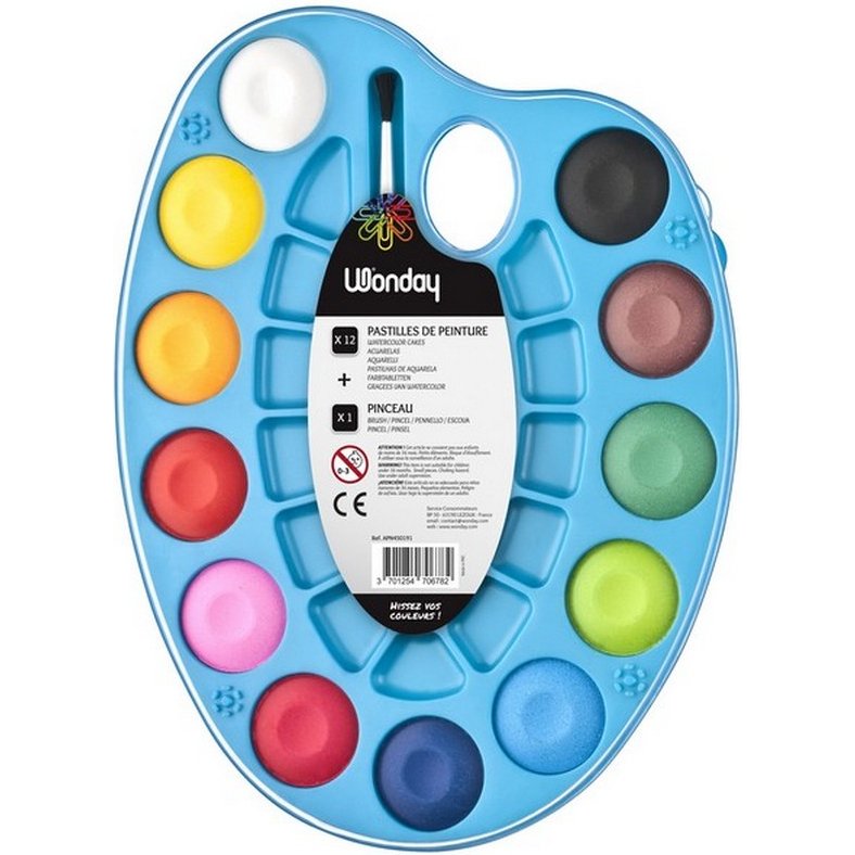 Palette ovale de 12 pastilles de couleur + 1 pinceau Wonday