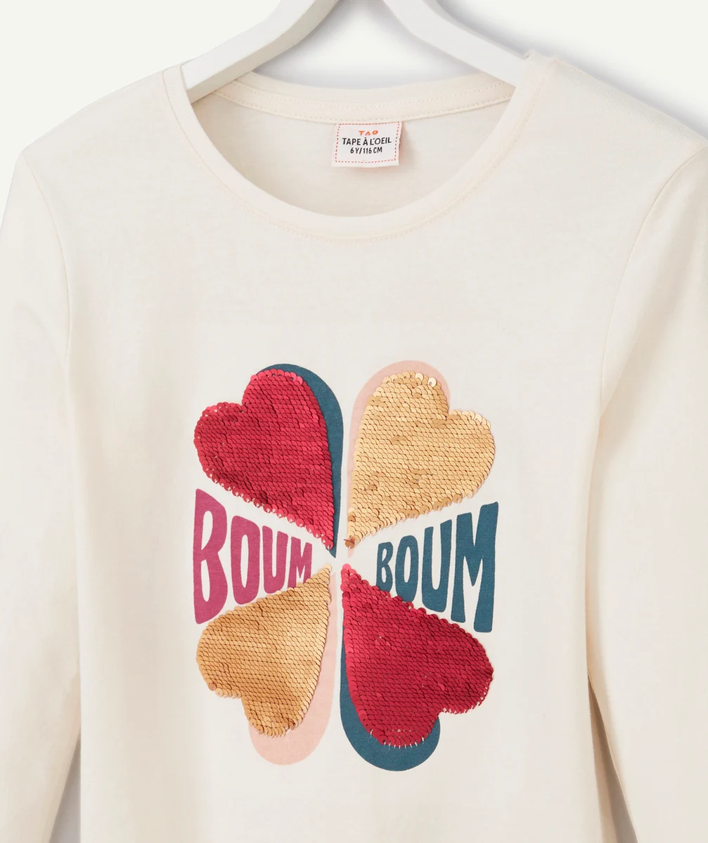 T-SHIRT FILLE EN COTON BIO ÉCRU AVEC FLEUR À SEQUINS RÉVERSIBLES