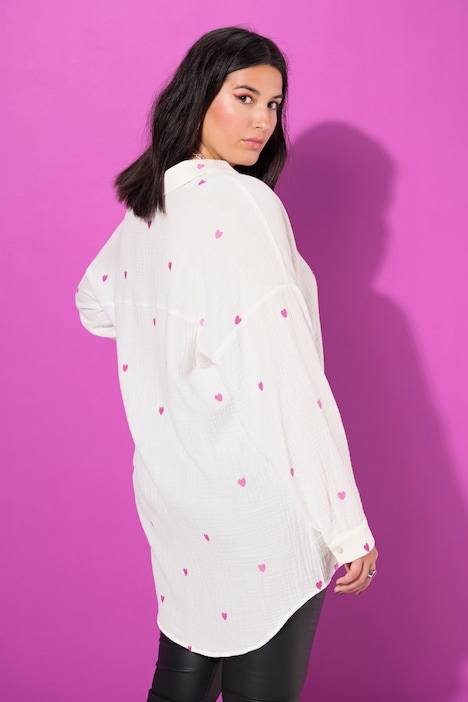 Hemdbluse, oversized, Musselin, Herz-Stickerei, Hemdkragen, Langarm