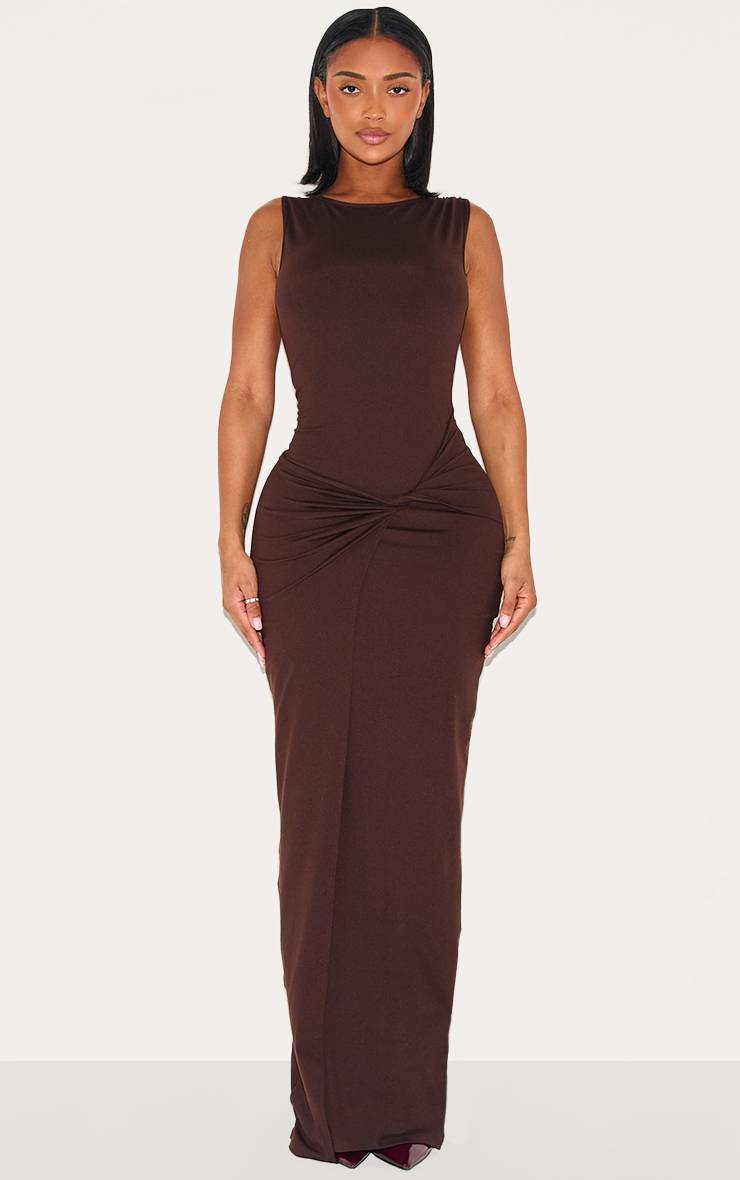 Chocolat Robe Maxi Sculptante Moulante Col Bateau Taille Nouée