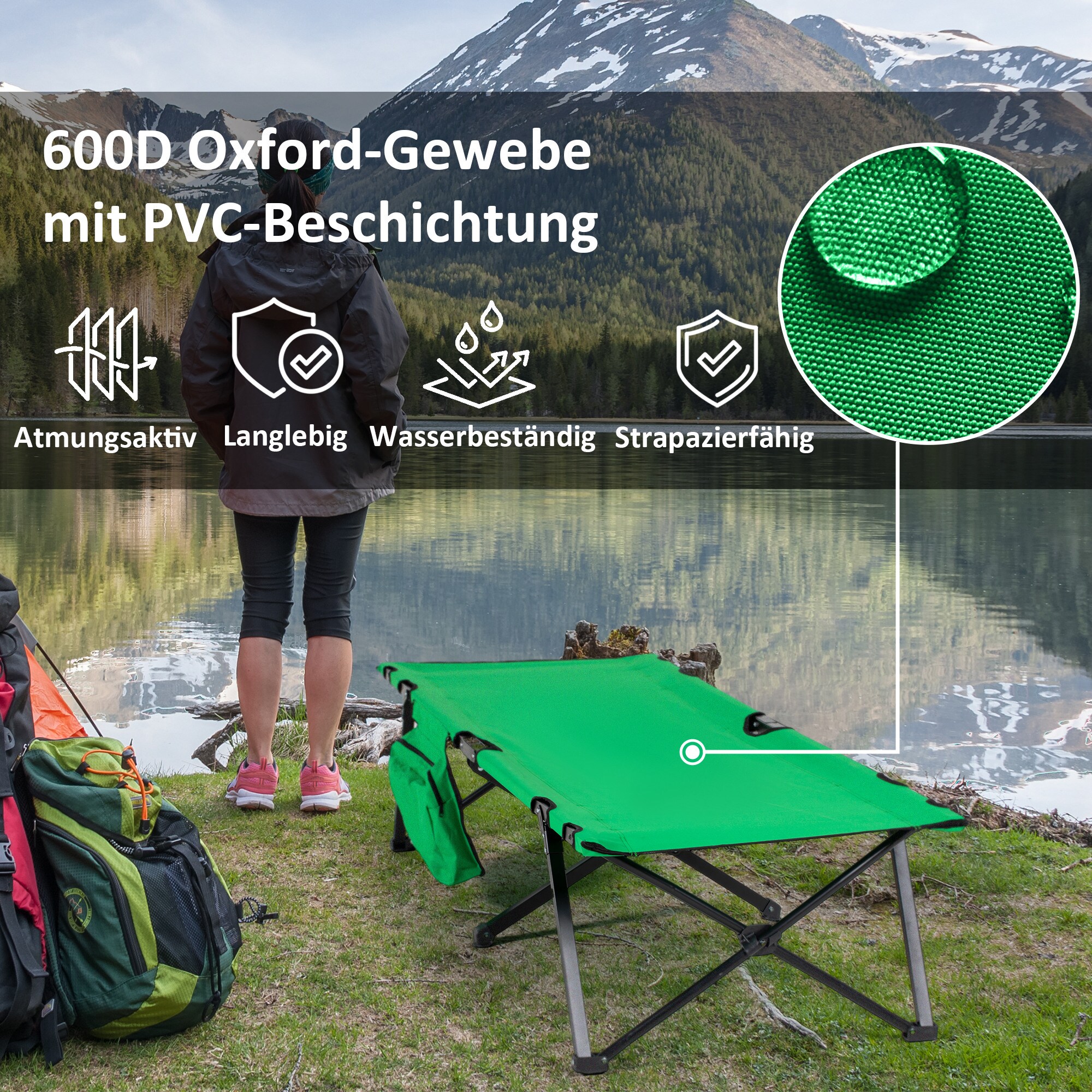 Outsunny Campingbett mit seitlicher Tasche grün, schwarz 200 x 73 x49 cm (LxBxH)