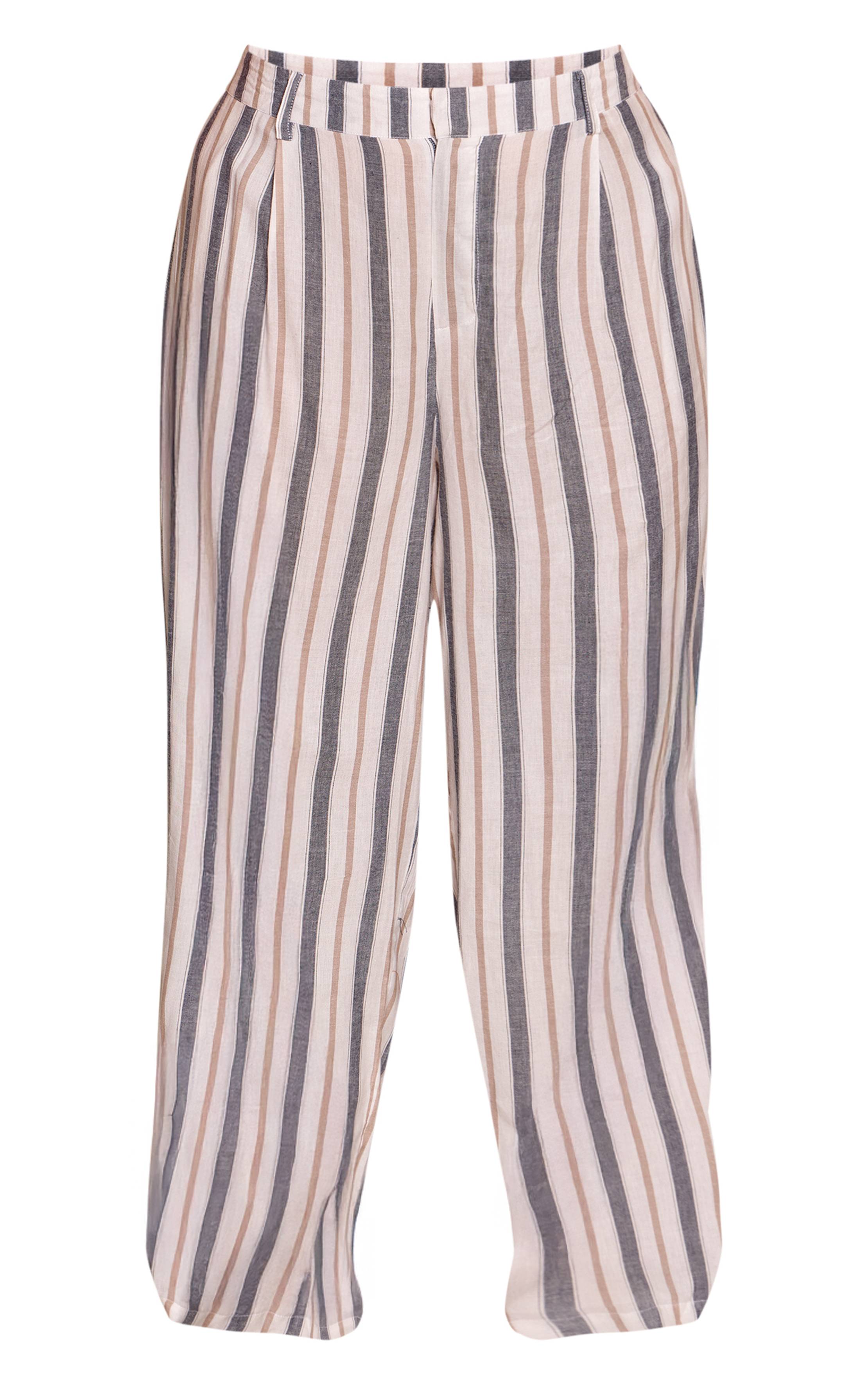 Multi. Pantalon Grande Taille À Rayures Multiples En Lin Coupe Droite Ajustée