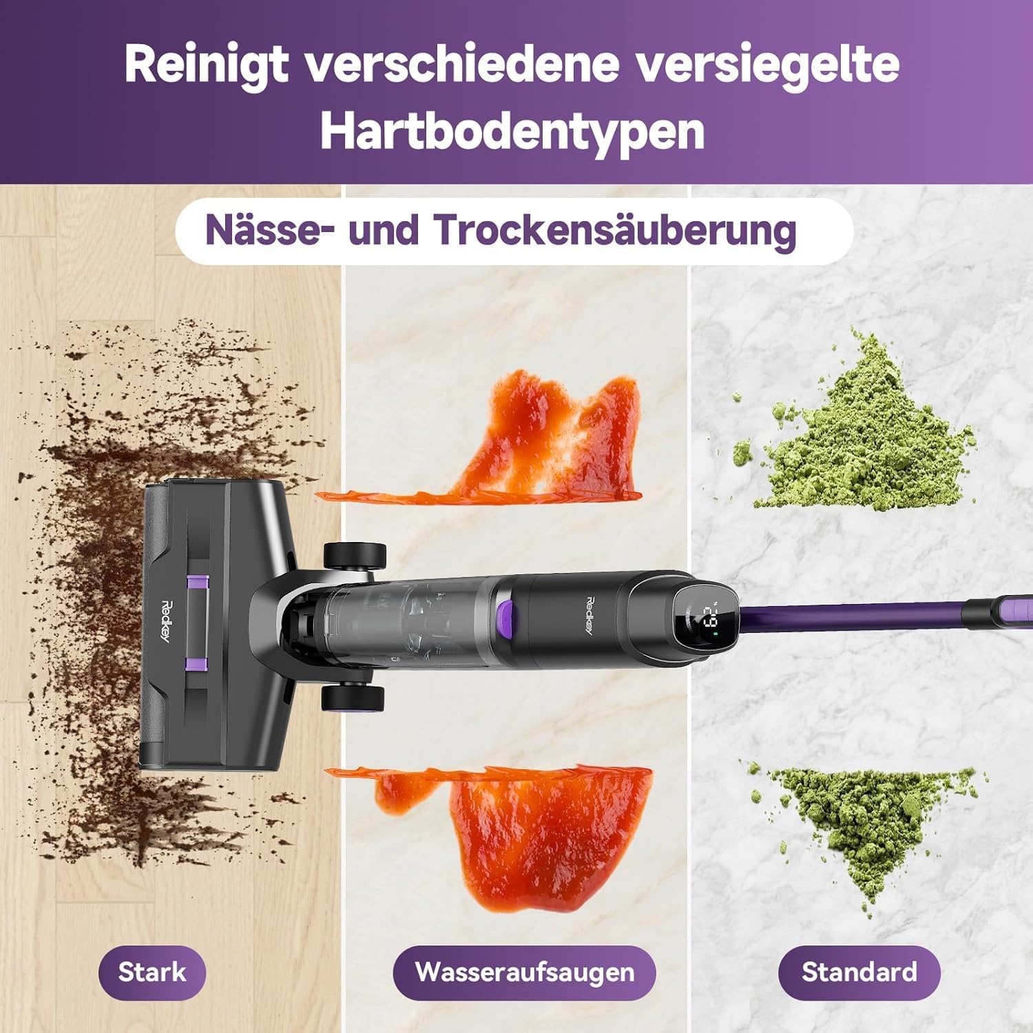 Redkey W15 Nass Trockensauger Akku, 20.000 Pa Selbstreinigung & Wischfunktion, 910ml Dual Wassertank, 3 Reinigungsmodi, Kantenreinigung 6 mm, LED Spracherinnerung, Staubsauger für Hartböden,Tierhaare